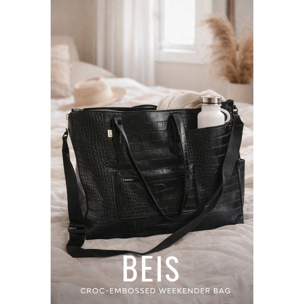 Weekenders Black Croc-Embossed Shoulder Weekender Bag